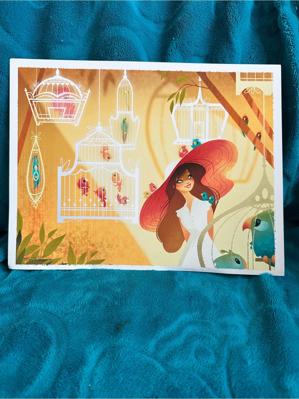 Brittany Lee - Whimsical Parrot & Birdcage Art Print with Woman in Wide Hat